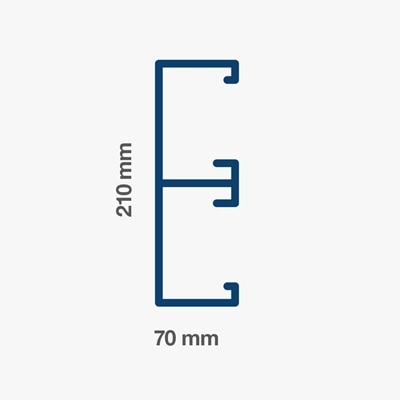 Illustration vom Schnitt des Kabelkanals mit 210 mm Breite, 70 mm Tiefe und zwei Kammern