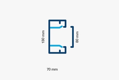 Illustration vom Schnitt des Kabelkanals mit 130 mm Breite, 70 mm Tiefe und 80 mm Oberteil-Breite