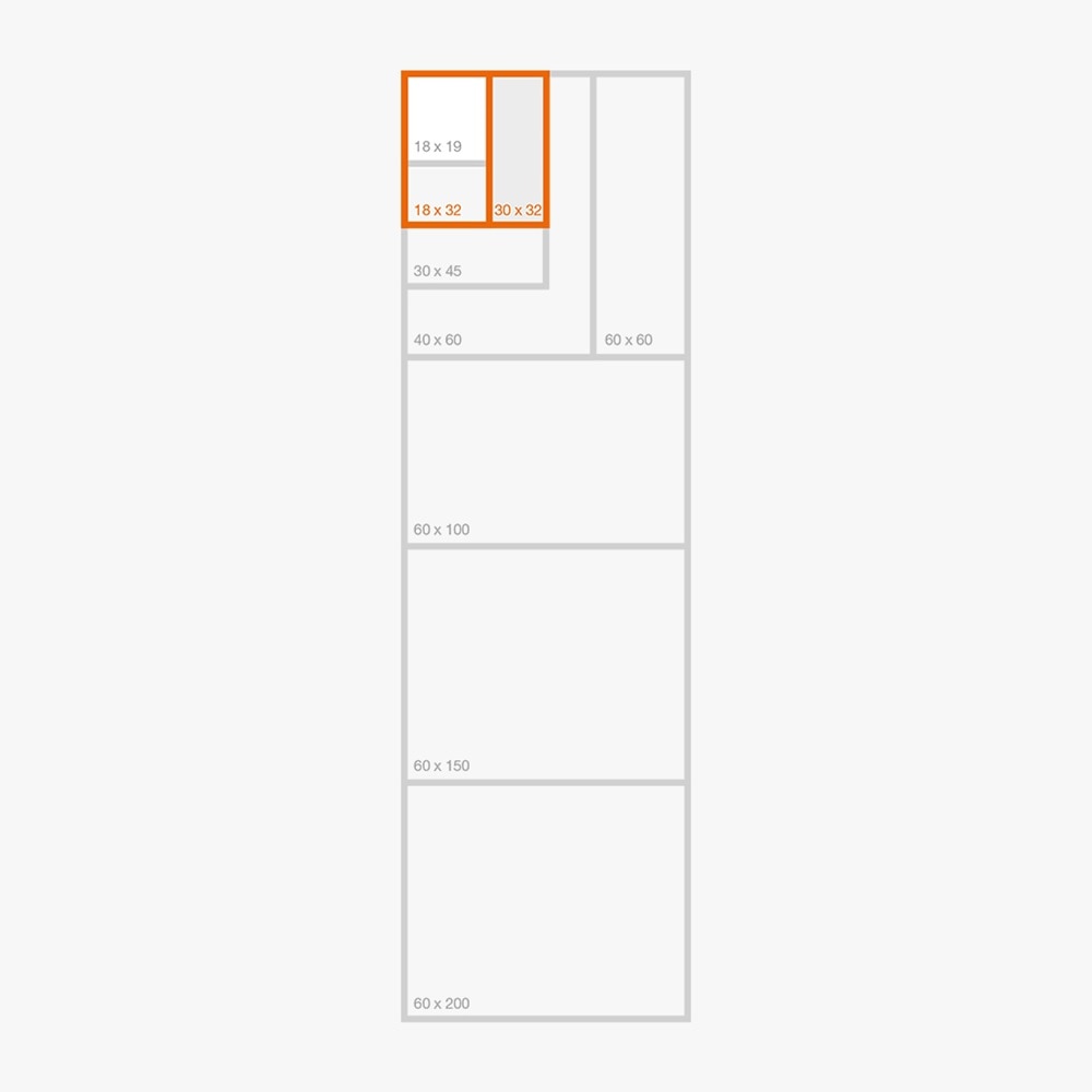 Illustration der Kanalgrößen der Hager Leitungsführungssysteme von 18x19 mm bis 60x 200 mm