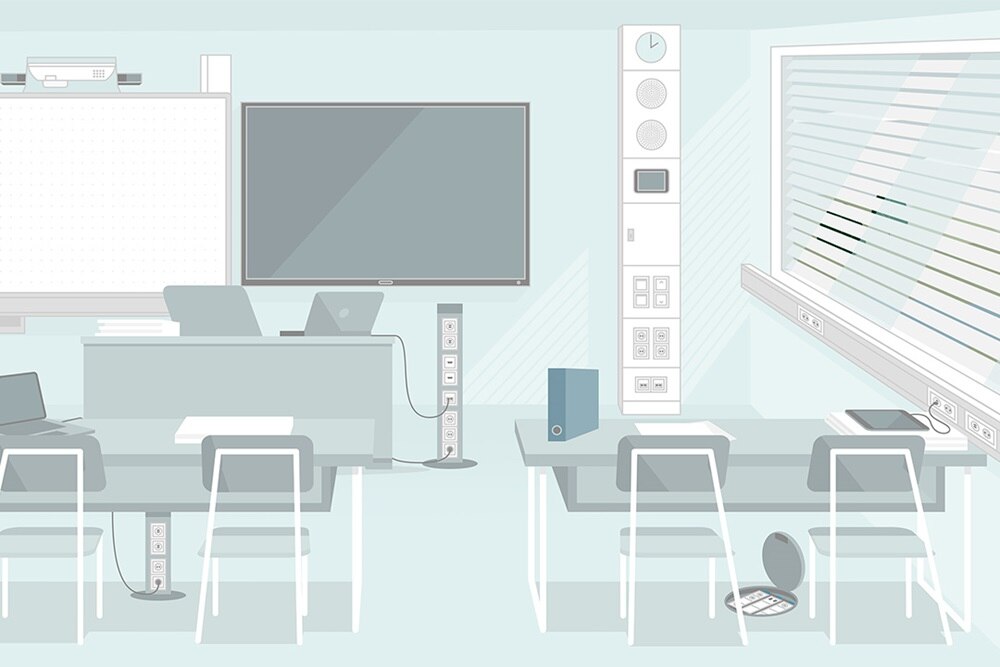 Illustration möglicher Integration und Ausstattung Hager Standsäule und Mediensäule in einem Klassenzimmer