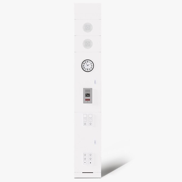 Frontalansicht Hager Mediensäue in weiß mit Uhr, 2 Lautsprechern, Uhr, Steckdosen, Schaltern, Multimediadosen und Gegensprechanlage