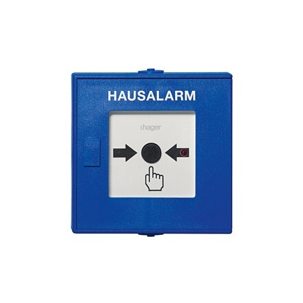 Schräge Frontansicht Beka Funk-Druckknopfmelder TG558A mit blauem Gehäuse und zentralem Auslöseknopf