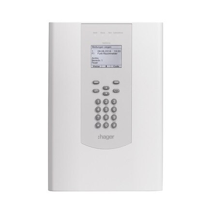 Beka Funk-Brandmeldezentrale RFZ050D in Weißgrau, Frontansicht mit zentralem Tasten-Bedienfeld und aktivem LC-Display mit diversen angezeigten Informationen