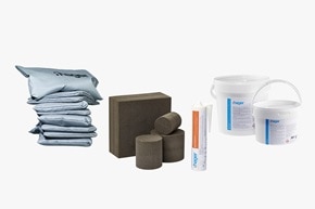 Übersicht Brandschutzzubehör für Leitungsführungssysteme: Brandschutzkissen, Brandschutzplatten, Brandschutzstopfen, Brandschutzbeschichtung in Kartusche und Brandschutzmörtel in Eimer