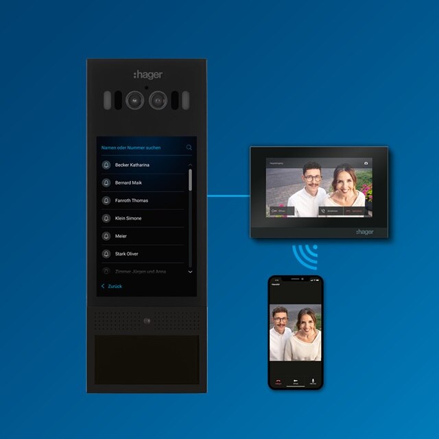 Hager intercom System für digitale Türkommunikation mit IP über 2Draht, Illustration der Komponenten und Smartphone-Konnektivität