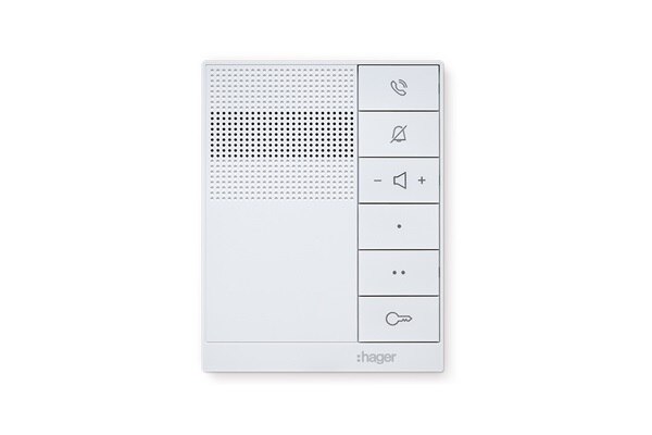 Weiße Innenstation Hager intercom speak mit Freisprechfunktion, Lautsprecher und sechsfachem Tastenfeld, das mit Piktogrammen der verschiedenen Funktionen bedruckt ist