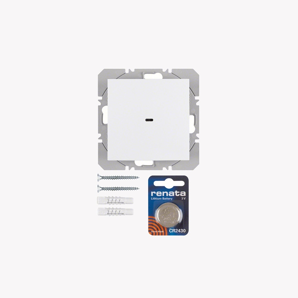 Aufputz KNX-Funk Wandsender ohne Rahmen, Abbildung mit mitgeliefertem Montagematerial (Schrauben und Dübel) und CR2430 Knopfzellenbatterie