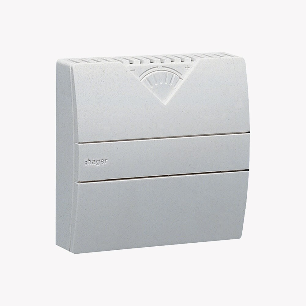 Temperaturfühler EK082 in weißem Kunststoffgehäuse, Schrägansicht des Gehäuses mit Einstellrädchen oben mittig 