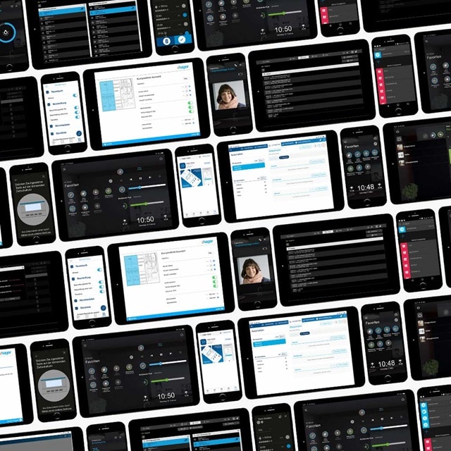 Collage verschiedener Smartphone-Bildschirme mit Benutzeroberflächen und Apps für Hager-Hausautomationssysteme