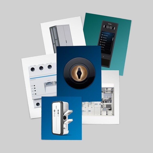 Collage von elektrischen Geräten, einschließlich eines Smart-locks, Automatisierungspanels, Leitungsschutzschaltern und Verdrahtungszubehör