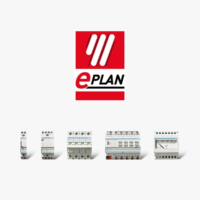 EPLAN-Softwarelogo und Sortiment von elektrischen Leitungsschutzschaltern und Komponenten