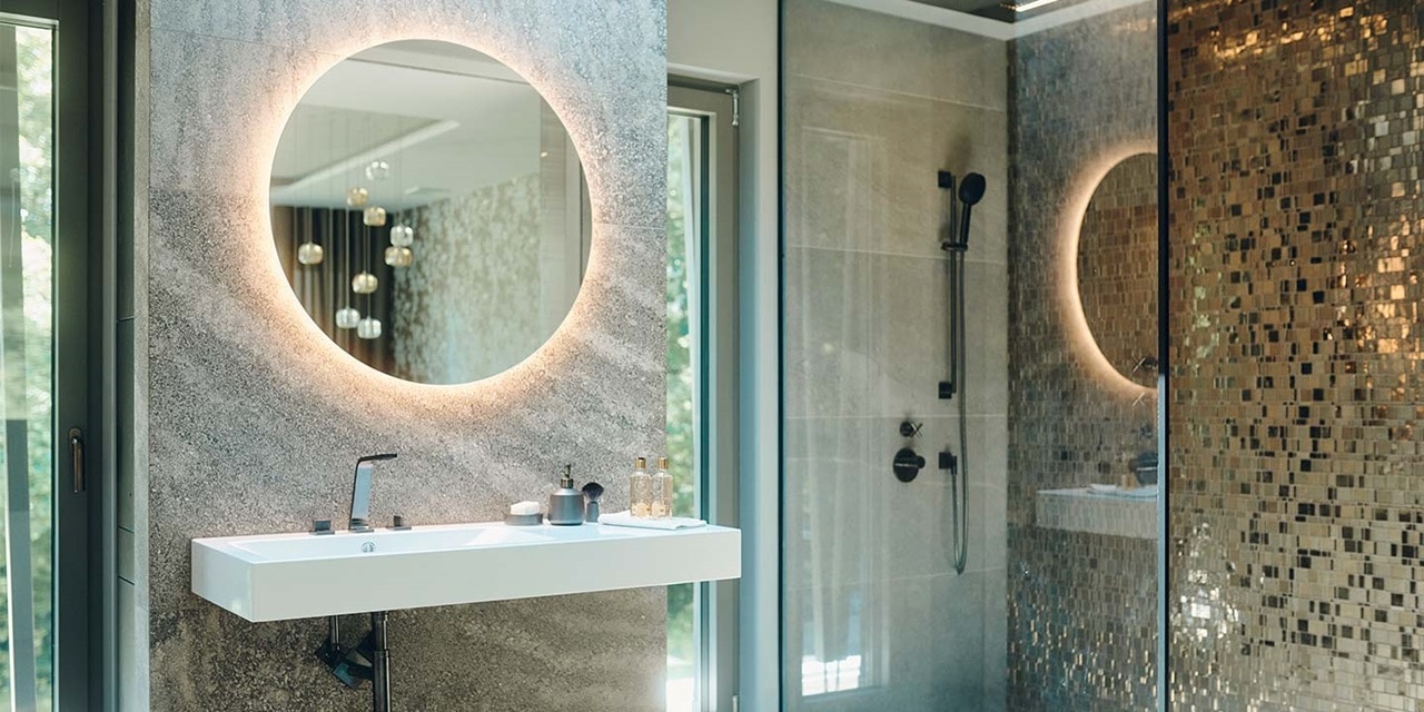 Modernes Badezimmer mit beleuchtetem Spiegel und Glasduschkabine