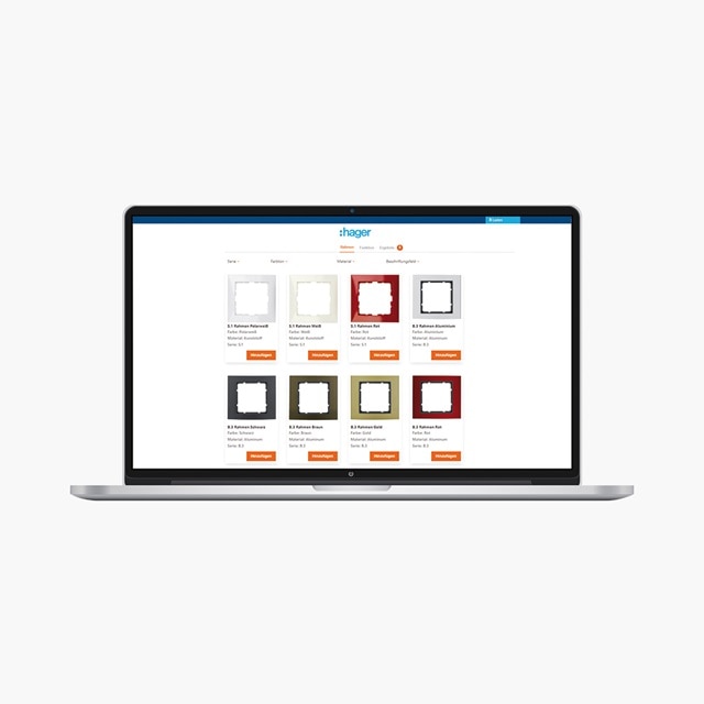 Laptop zeigt die Hager-Website mit einer Auswahl an Designs für Wandplatten