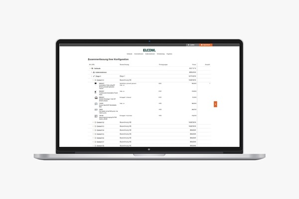 Laptop mit Elcom 2Draht Systemkonfigurator: Ergebnis - Stückliste als PDF