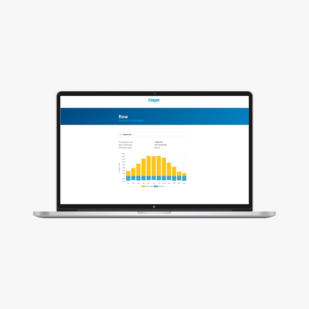 Laptop zeigt Benutzeroberfläche der Hager Flow-Management-Software mit Daten-Diagramm
