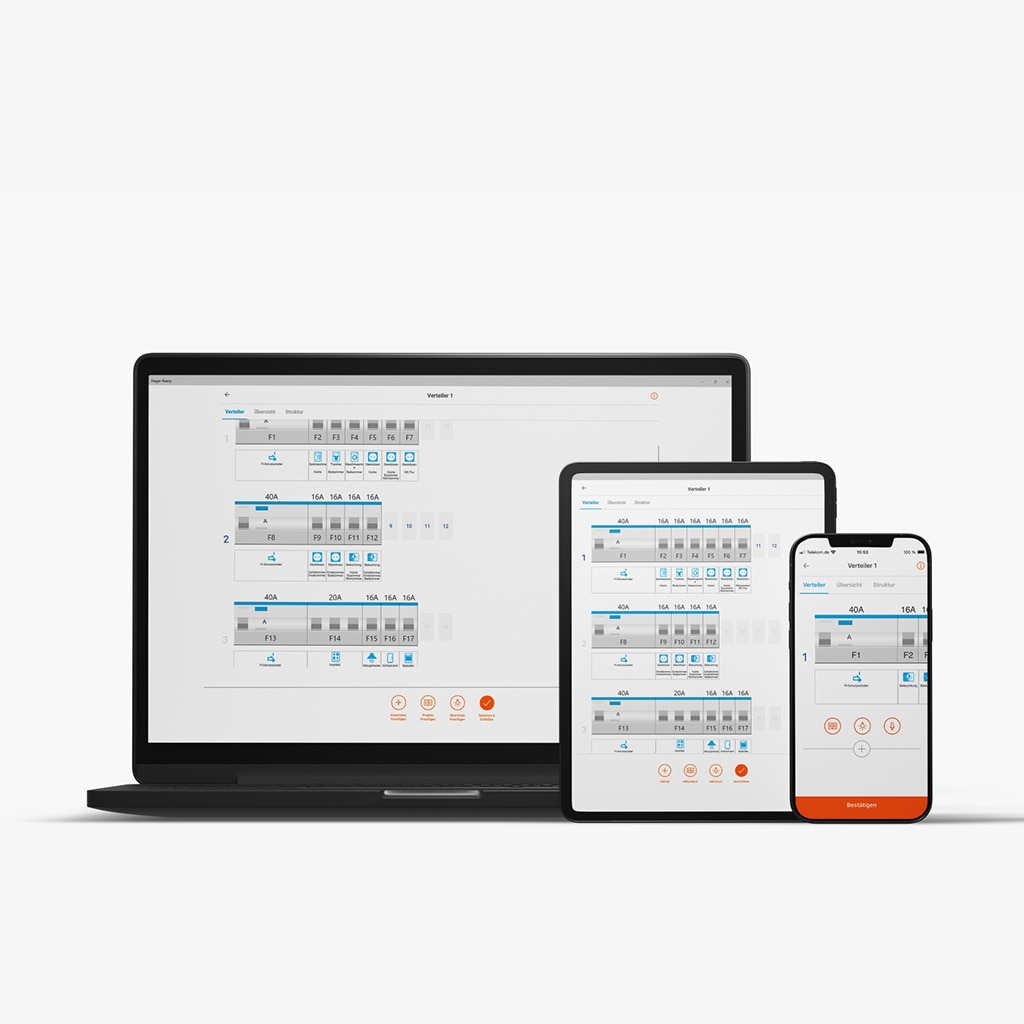 Hager Ready App auf einem Smartphone, Tablet und Laptop