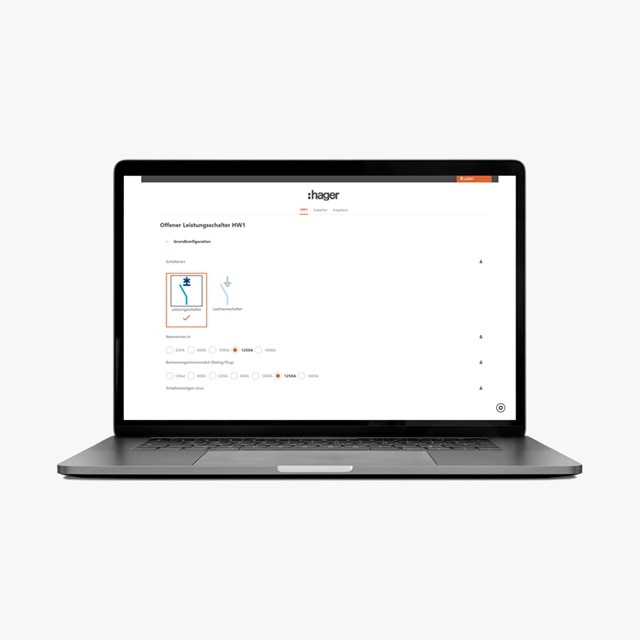 Laptop zeigt die Hager-Website mit einem Schaltplan für einen offenen Leistungsschalter