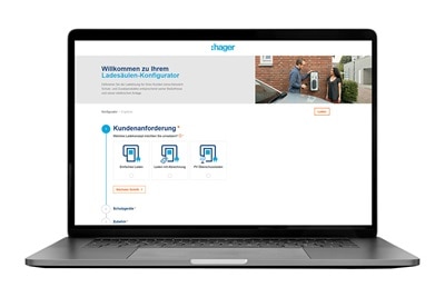 Der Ladesäulen Konfigurator: Hager Bestellhilfe für Wallboxen auf dem Laptop
