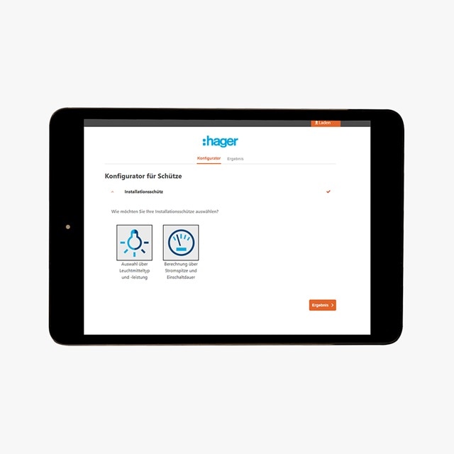 Tablet zeigt Hager-Webseite zur Konfiguration von Schützen mit Auswahlmöglichkeiten