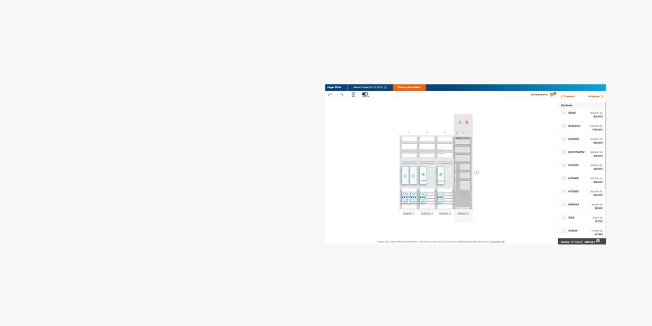 Screenshot der Hager-Softwareoberfläche mit Konfiguration eines elektrischen Verteilerbretts