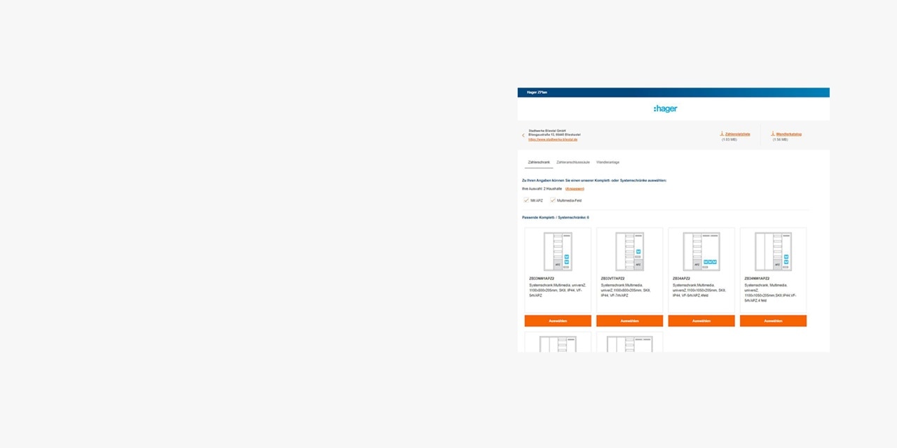 Screenshot der Hager-Website, die einen Überblick über Produktseiten für elektrische Komponenten wie Verteilerschränke zeigt
