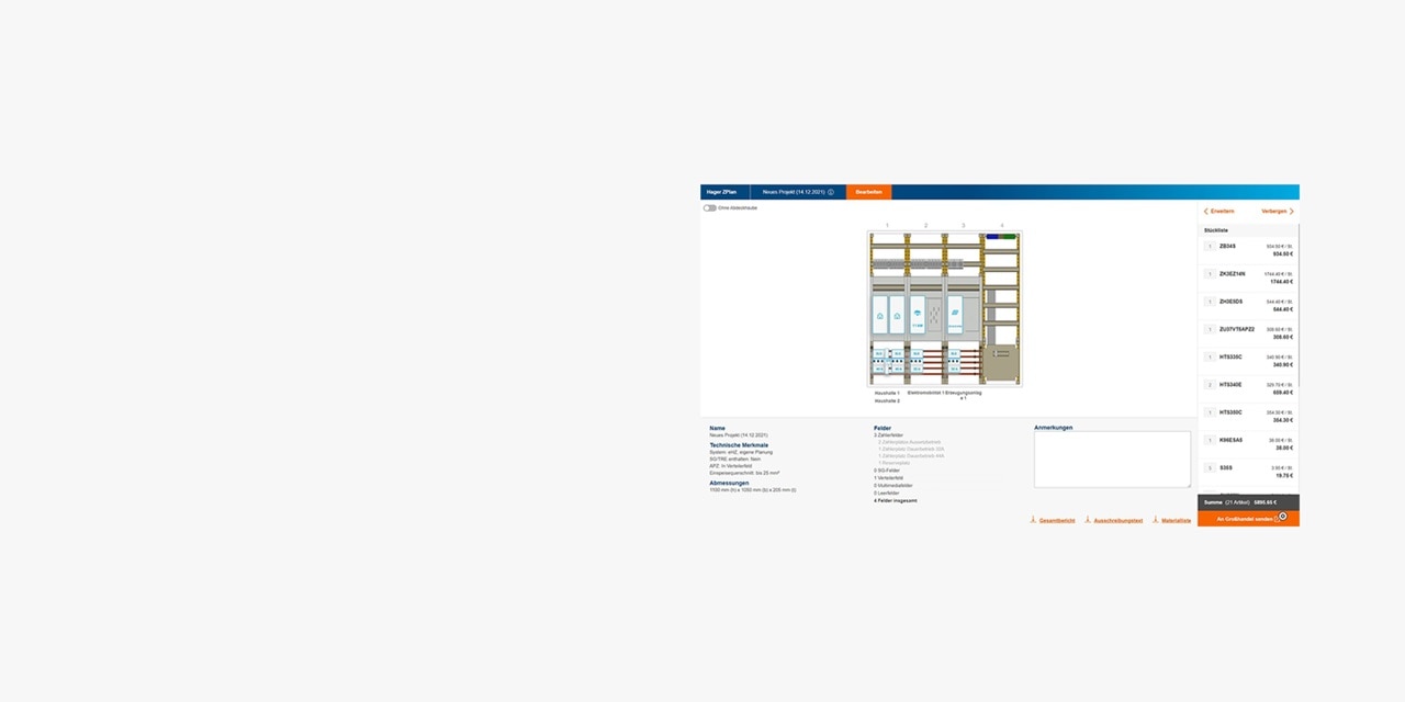 Screenshot der Webanwendung zur Konfiguration von Hager-Elektroverteilungen mit Darstellung des Verteilerfeldes und einer Komponentenliste
