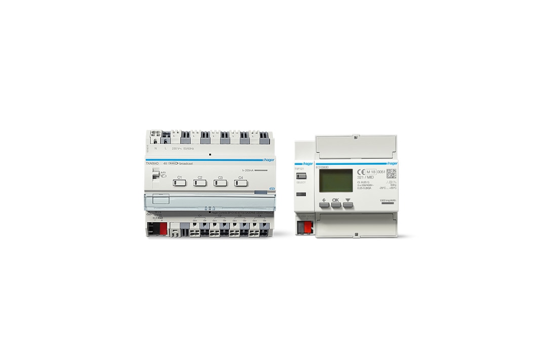 KNX-Schnittstelle TXF121 und Energiezähler ECR380D und KNX easy Aktor TXA664D