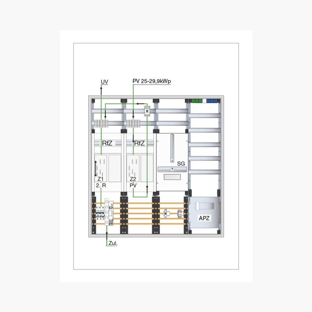 Stromlaufplan vom Messkonzept für Photovoltaikanlagen bis 22 kWp dargestellt in der Technikzentrale