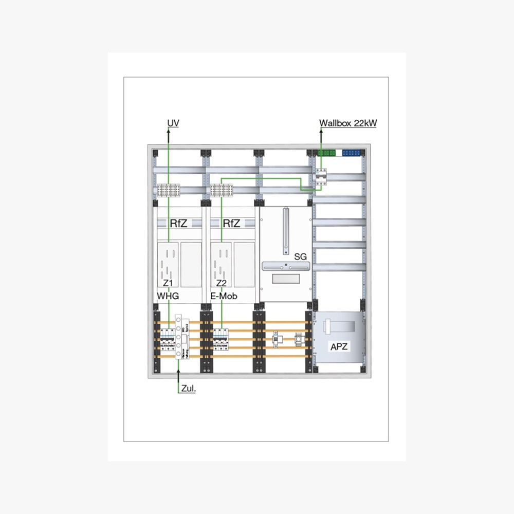 Stromlaufplan vom Messkonzept für Ladeeinrichtung 22 kW mit Ladestromtarif und Steuermöglichkeit dargestellt in der Technikzentrale