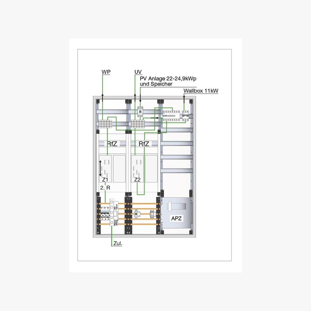 Stromlaufplan vom Messkonzept für PV-Anlage 22 - 24,9 kWp mit Stromspeicher, Wärmepumpe als steuerbare Verbrauchseinrichtung und Ladeeinrichtung 11 kW dargestellt in der Technikzentrale