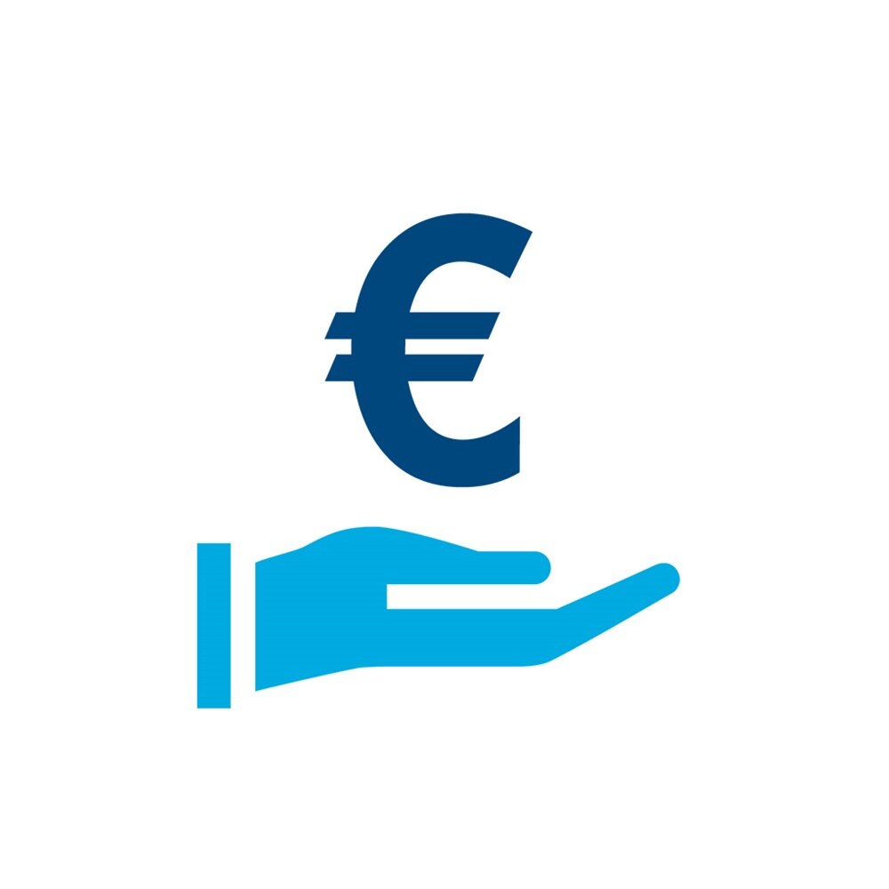 Icon eines Euro-Symbols über einer offenen Hand.