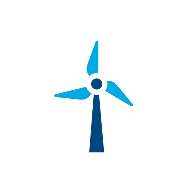 Symbol einer blauen Windturbine auf weißem Hintergrund als Darstellung für erneuerbare Energie