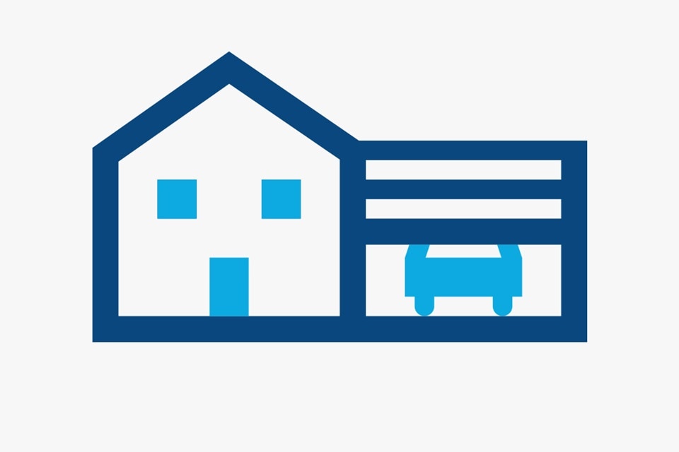 Icon eines blauen Hauses mit Garage und Auto darin