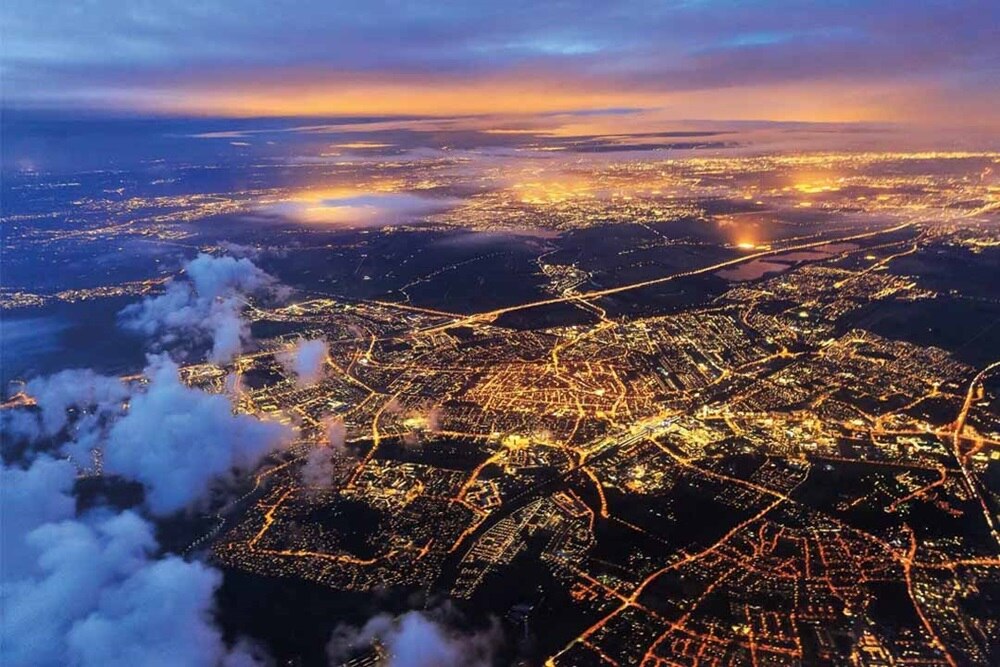 Aerial view of an illuminated city
