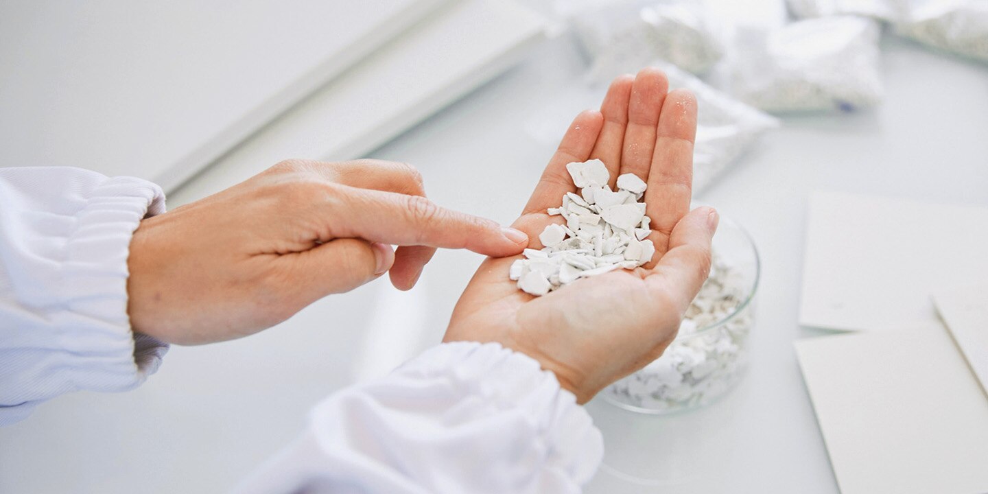 Hager Group hand with white recycled plastic parts for new products