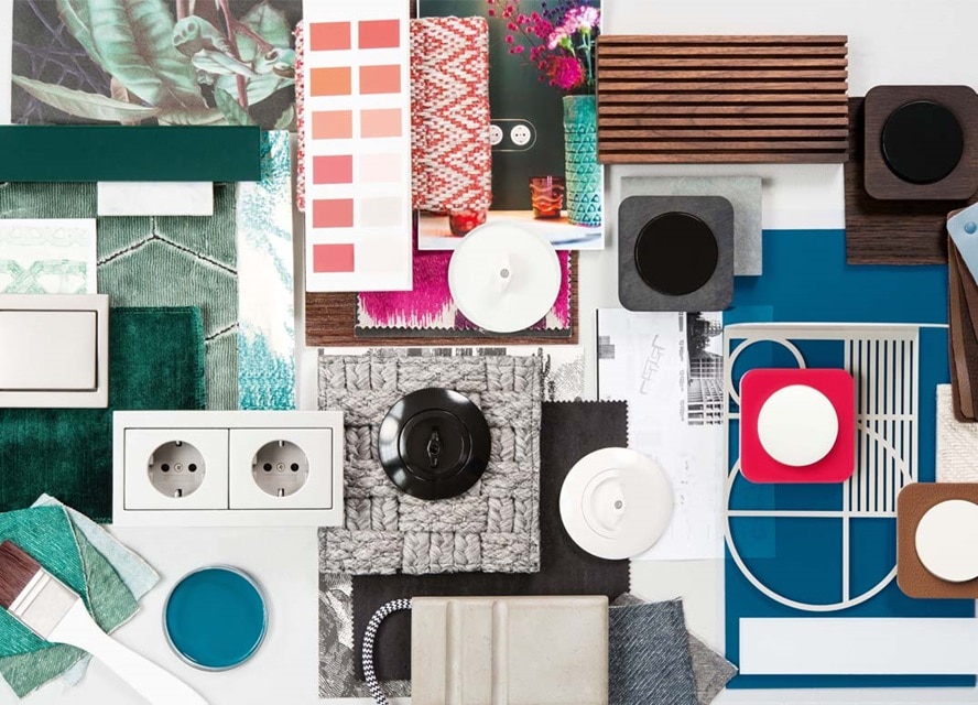 Assorted interior design materials with electrical sockets and switches