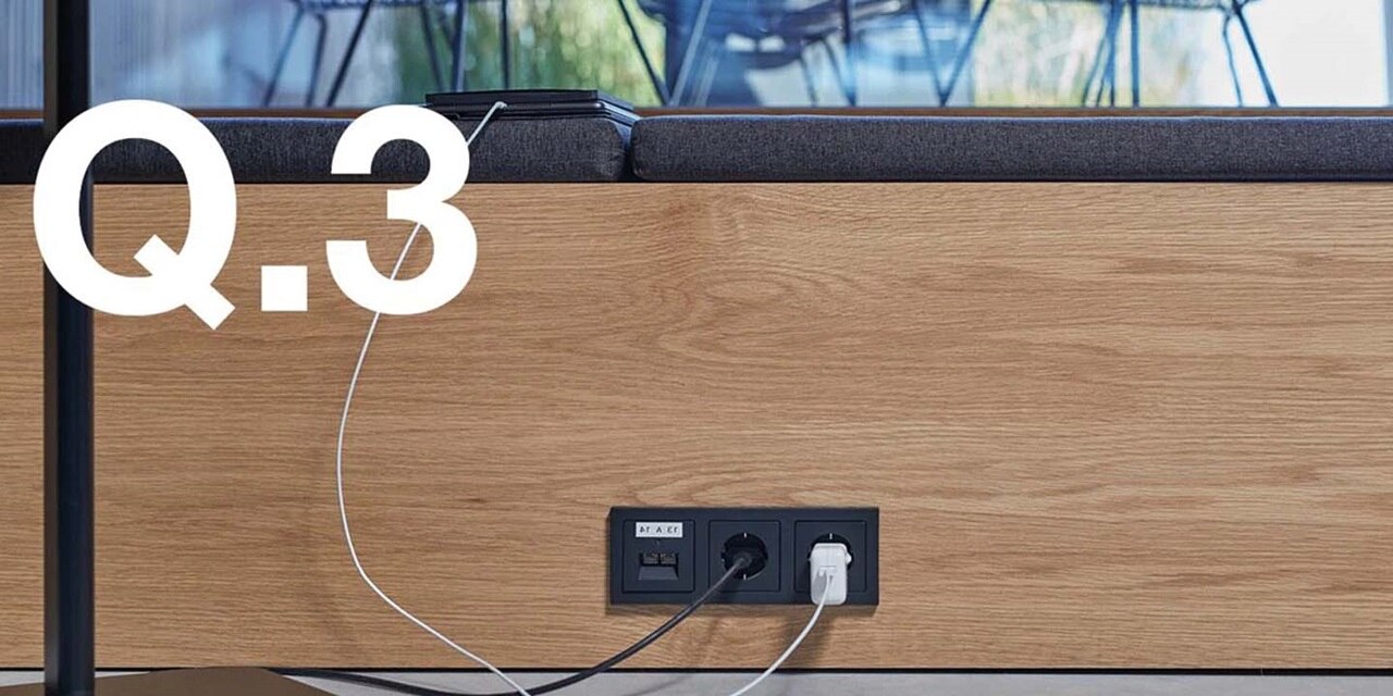 Office furniture with integrated power supply and network socket, cables connected