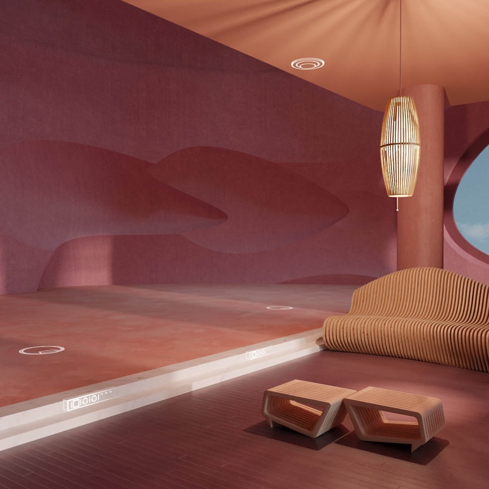 Modern interior design of a room with recessed lighting, pendant light, and contemporary furniture