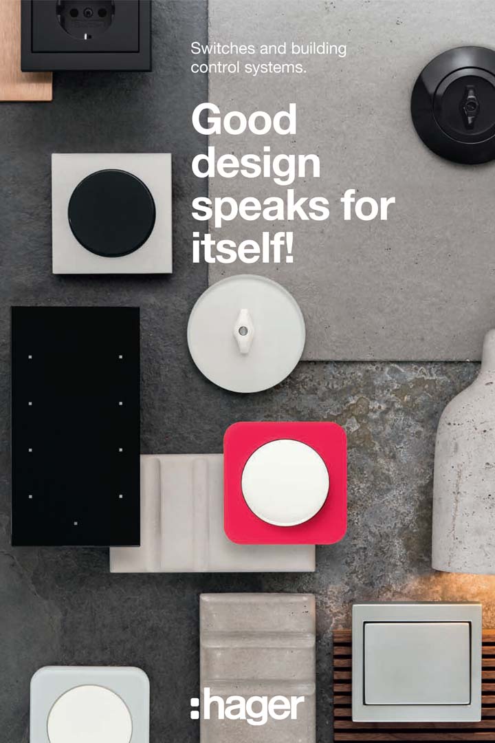 Assortment of modern Hager switches and building control systems on a stone surface with the slogan 'Good design speaks for itself!'