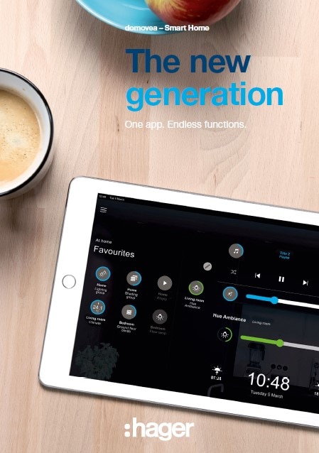 Advertisement for Hager's home automation app, domovea, showing an interface on a tablet with home control functions, alongside a coffee cup and bowl on a wooden surface