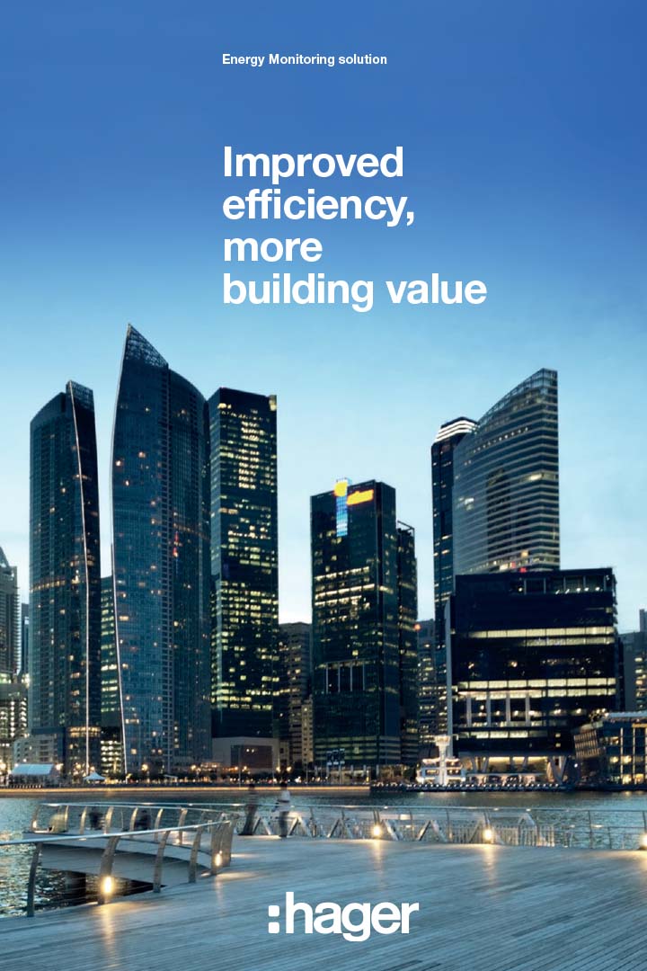 Hager advertisement featuring illuminated skyscrapers at dusk promoting energy efficiency solutions