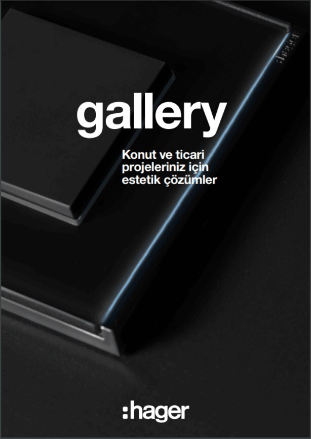 Hager Gallery black switch or socket cover with 'gallery' text and slogan in Turkish for residential and commercial aesthetic solutions