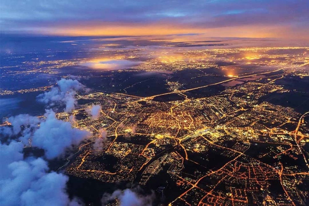 Aerial view of an illuminated city