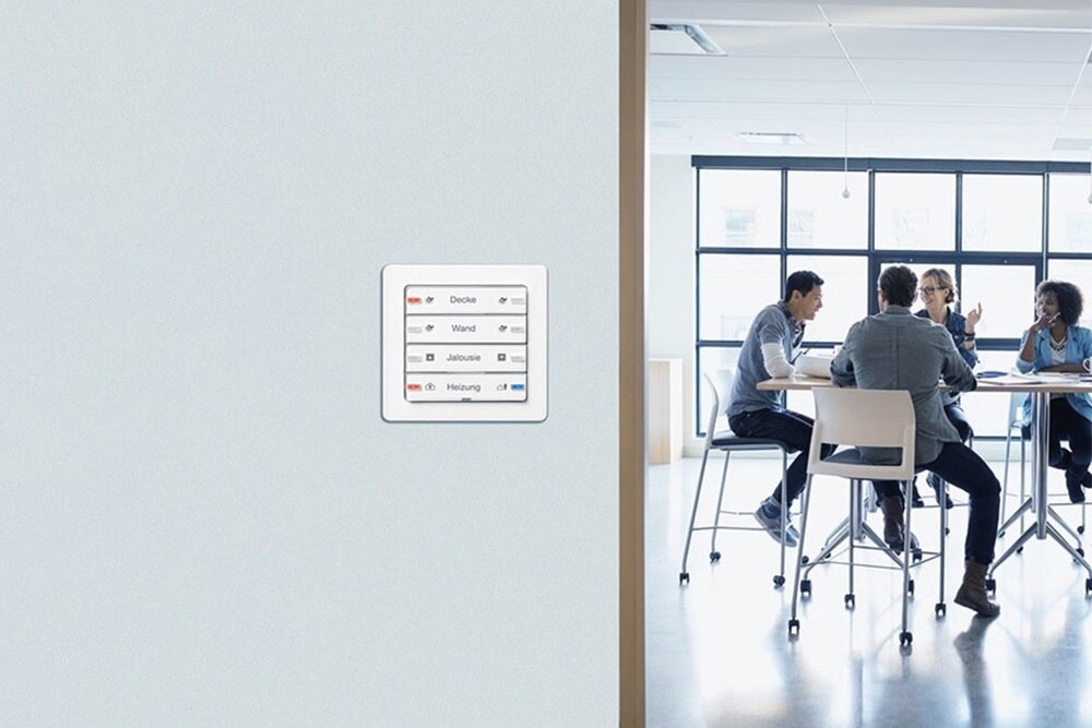 View into an office, in the foreground a control panel for building control