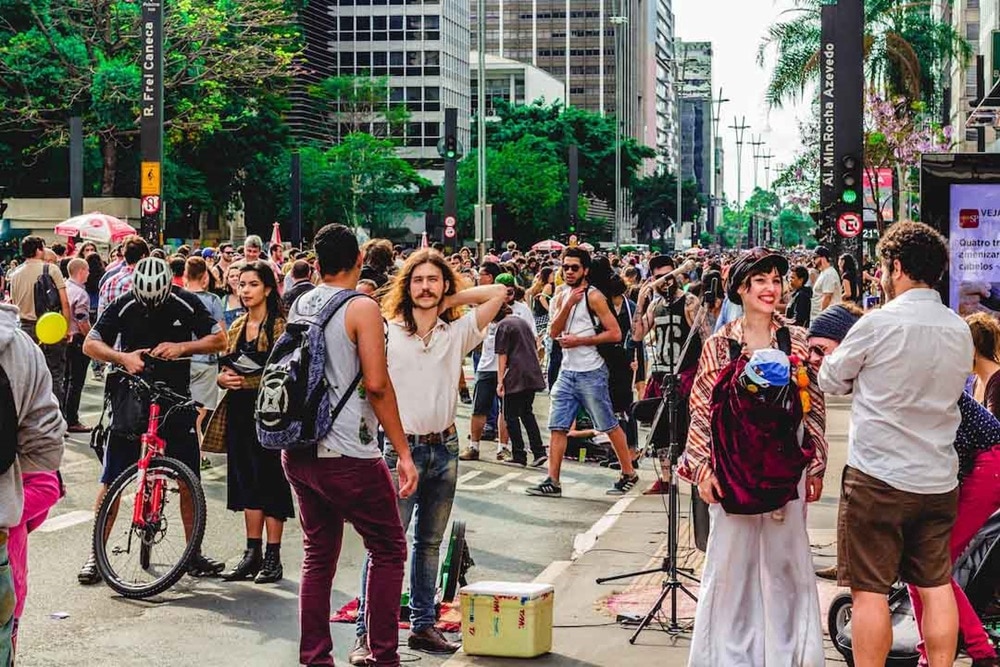 Crowd celebrates on the street