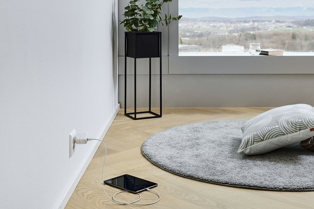 Hager Group Living Room Corner with Plant and with Charging Tablet at a Power Socket