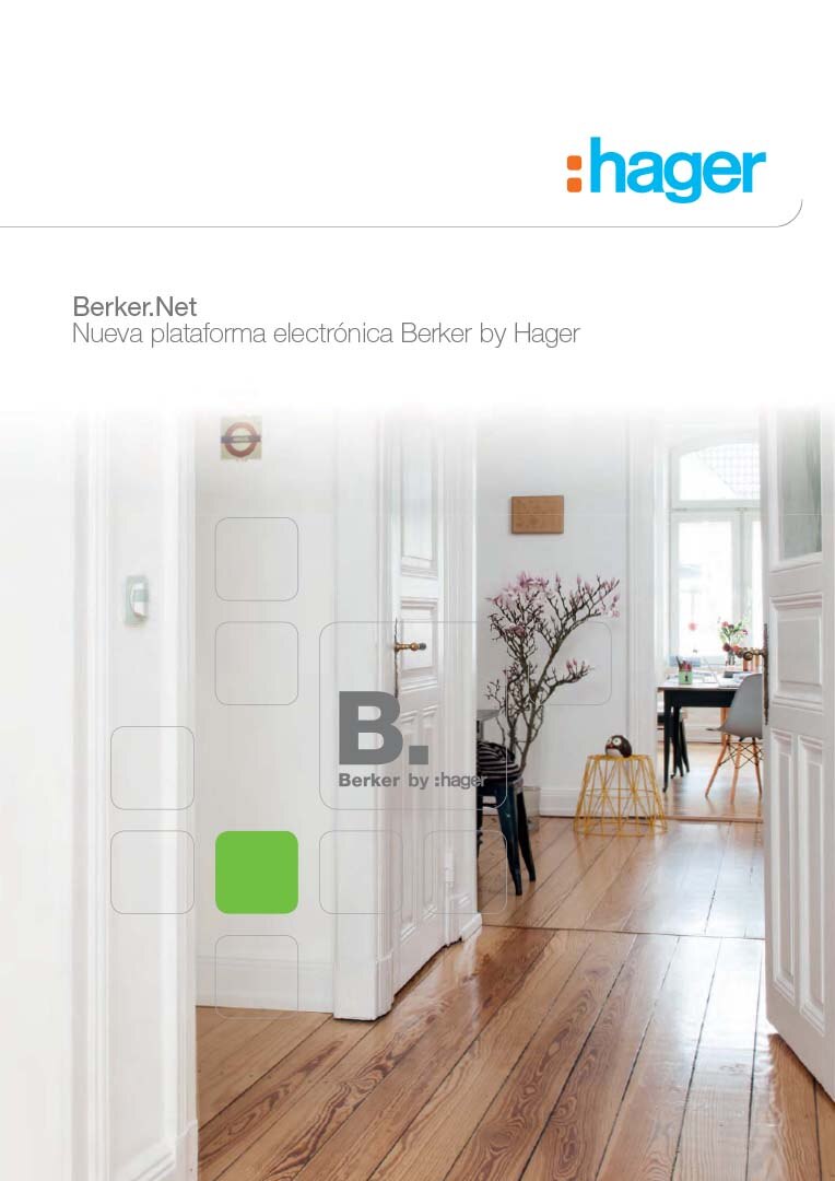 Publicidad de la plataforma electrónica Berker.Net de Hager con interruptor de luz en la pared blanca de un interior elegante