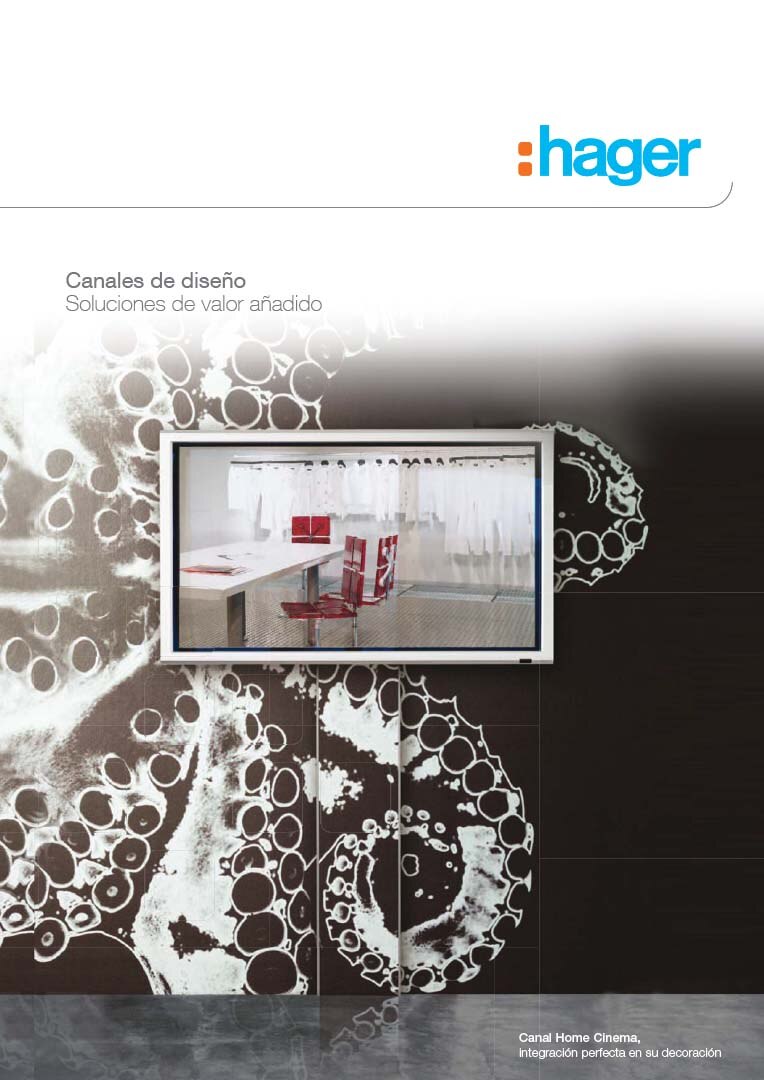 Material promocional de la marca Hager con un diseño abstracto y una imagen incrustada de un interior moderno con soluciones de gestión de cables.