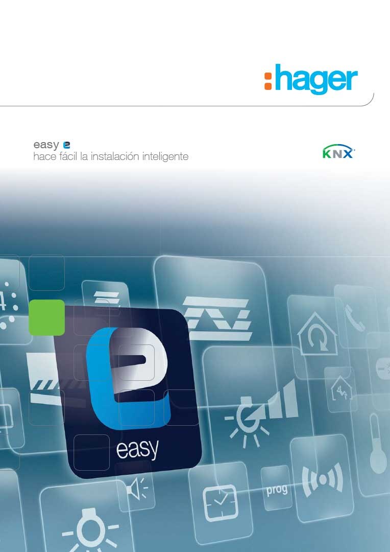 Material promocional de la marca Hager con el sistema de instalación 'easy' y el logotipo de KNX para la automatización inteligente del hogar
