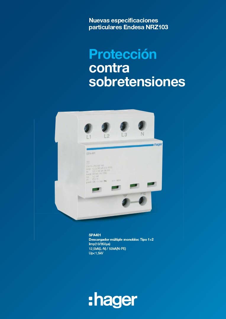 Dispositivo de protección contra sobretensiones Hager SPA401 sobre fondo azul